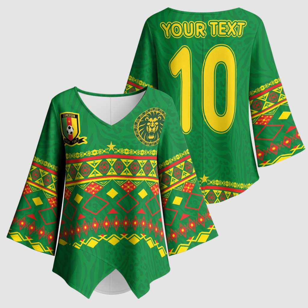 Custom Cameroon Football Kimono Sleeve Blouse Tribal Motifs Green Color - Wonder Print Shop