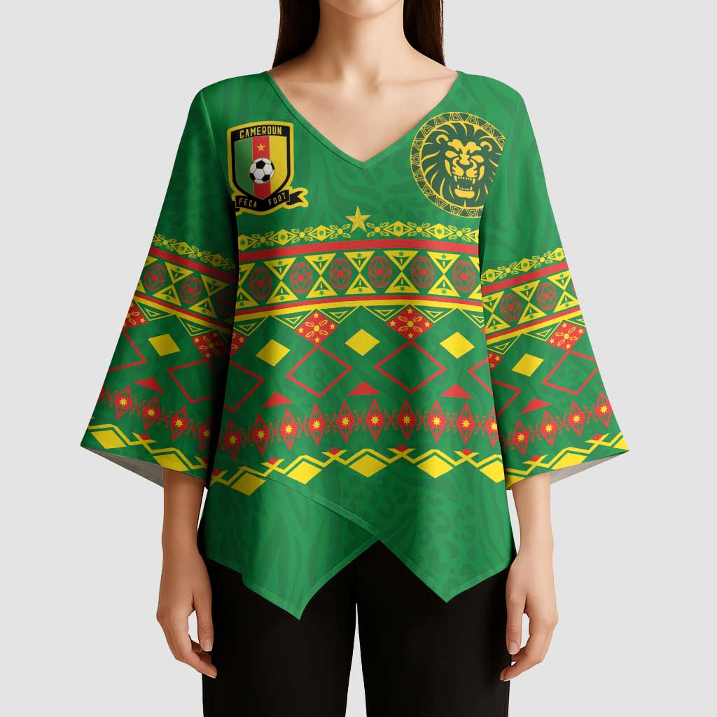 Custom Cameroon Football Kimono Sleeve Blouse Tribal Motifs Green Color - Wonder Print Shop