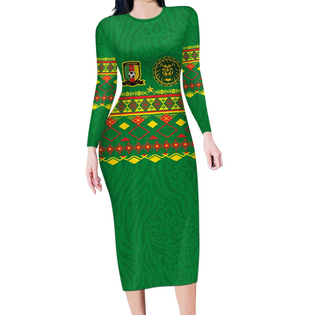 Custom Cameroon Football Long Sleeve Bodycon Dress Tribal Motifs Green Color - Wonder Print Shop