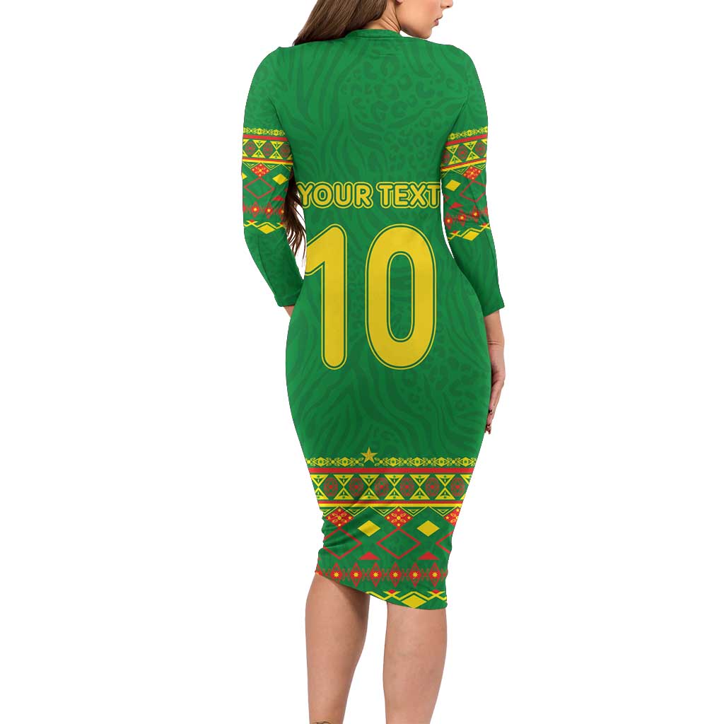 Custom Cameroon Football Long Sleeve Bodycon Dress Tribal Motifs Green Color - Wonder Print Shop