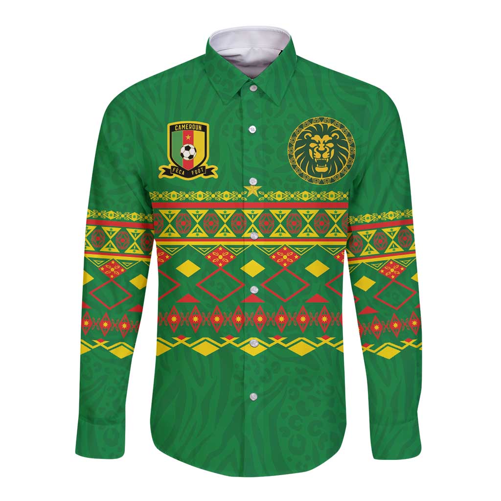 Custom Cameroon Football Long Sleeve Button Shirt Tribal Motifs Green Color - Wonder Print Shop