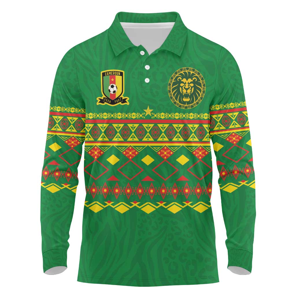Custom Cameroon Football Long Sleeve Polo Shirt Tribal Motifs Green Color - Wonder Print Shop