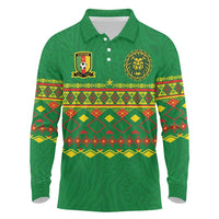 Custom Cameroon Football Long Sleeve Polo Shirt Tribal Motifs Green Color - Wonder Print Shop