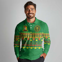 Custom Cameroon Football Long Sleeve Polo Shirt Tribal Motifs Green Color - Wonder Print Shop