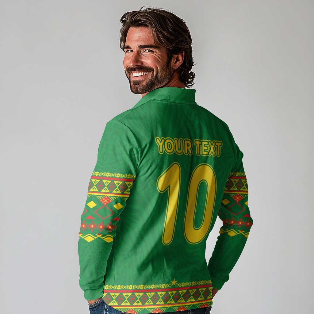 Custom Cameroon Football Long Sleeve Polo Shirt Tribal Motifs Green Color - Wonder Print Shop