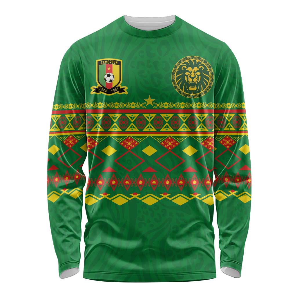 Custom Cameroon Football Long Sleeve Shirt Tribal Motifs Green Color - Wonder Print Shop