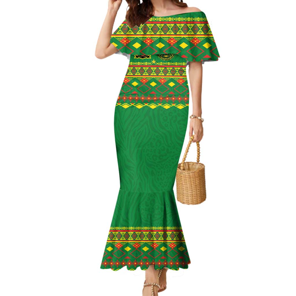 Custom Cameroon Football Mermaid Dress Tribal Motifs Green Color - Wonder Print Shop
