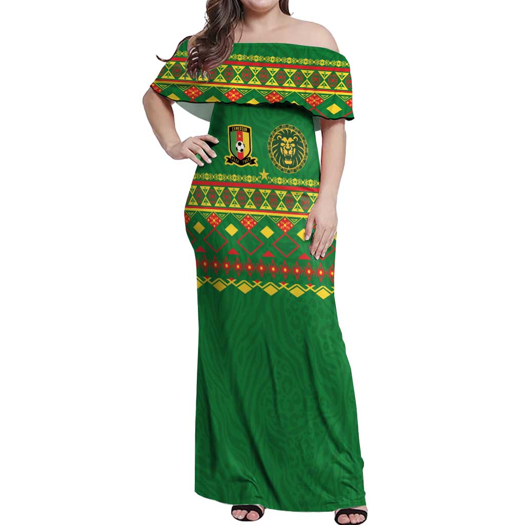 Custom Cameroon Football Off Shoulder Maxi Dress Tribal Motifs Green Color - Wonder Print Shop