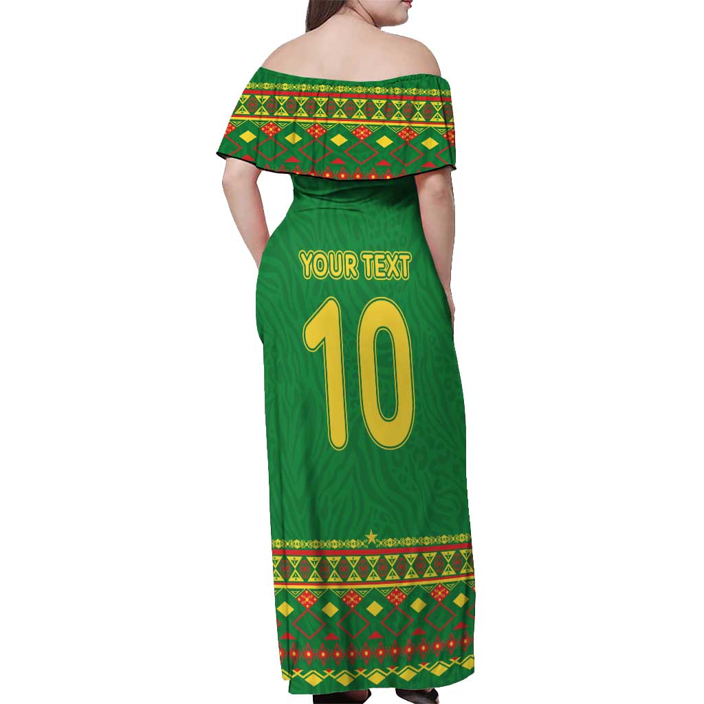 Custom Cameroon Football Off Shoulder Maxi Dress Tribal Motifs Green Color - Wonder Print Shop