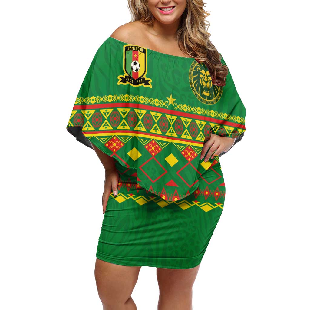 Custom Cameroon Football Off Shoulder Short Dress Tribal Motifs Green Color - Wonder Print Shop