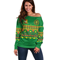 Custom Cameroon Football Off Shoulder Sweater Tribal Motifs Green Color - Wonder Print Shop