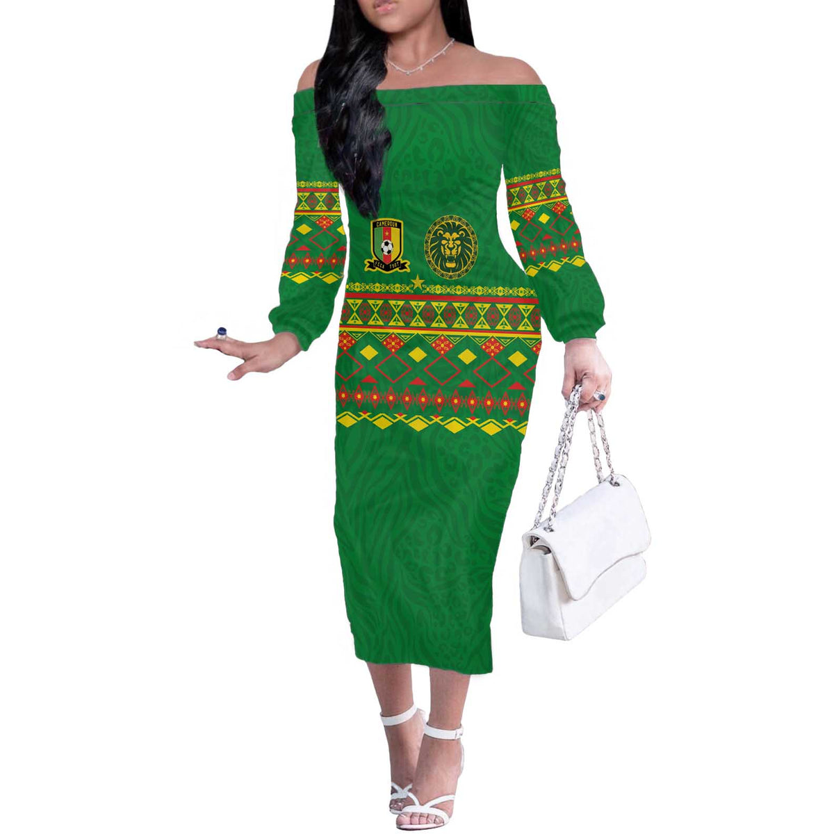 Custom Cameroon Football Off The Shoulder Long Sleeve Dress Tribal Motifs Green Color - Wonder Print Shop