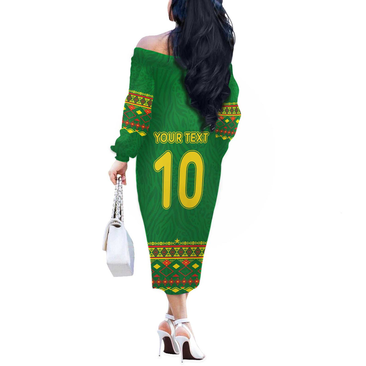 Custom Cameroon Football Off The Shoulder Long Sleeve Dress Tribal Motifs Green Color - Wonder Print Shop