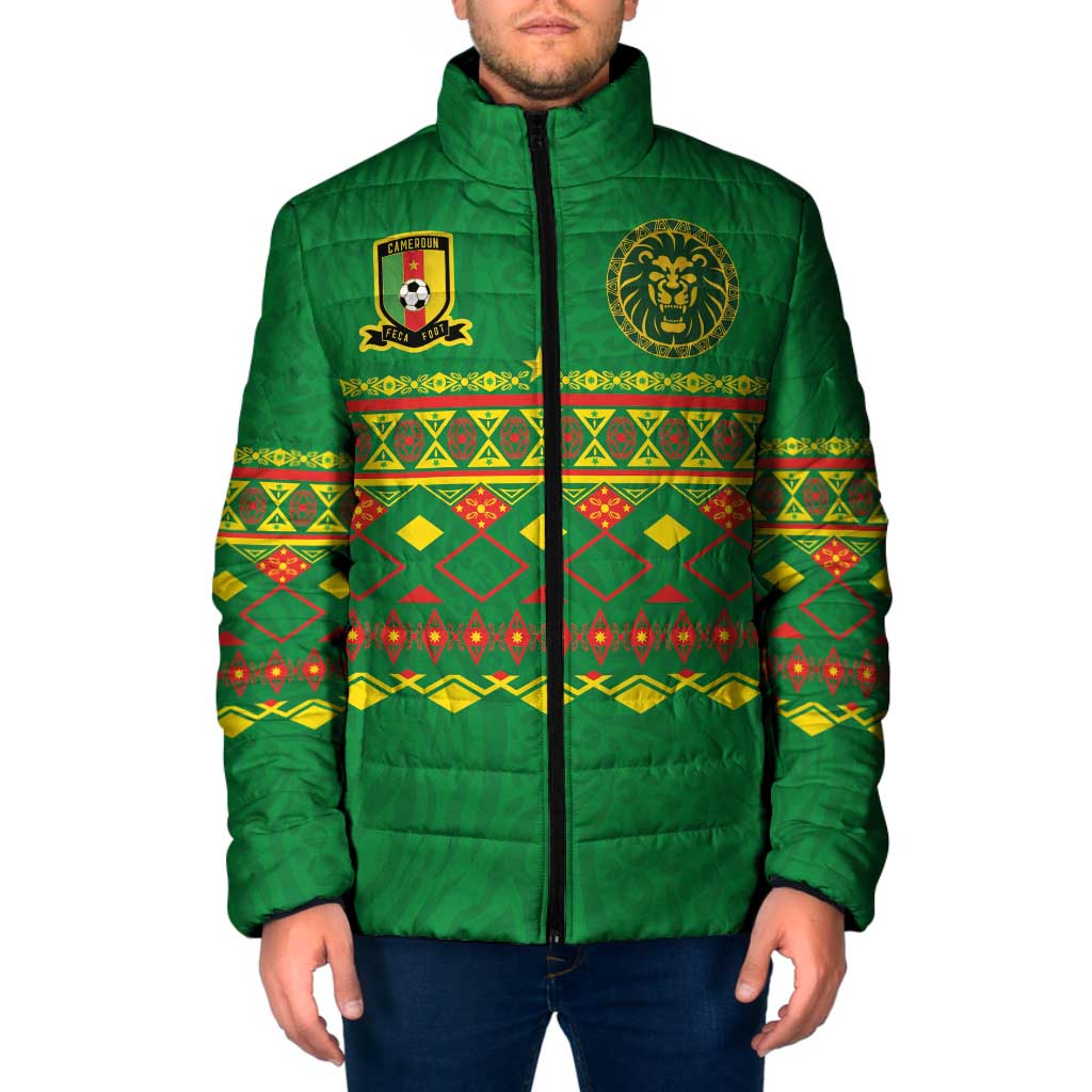 Custom Cameroon Football Padded Jacket Tribal Motifs Green Color - Wonder Print Shop