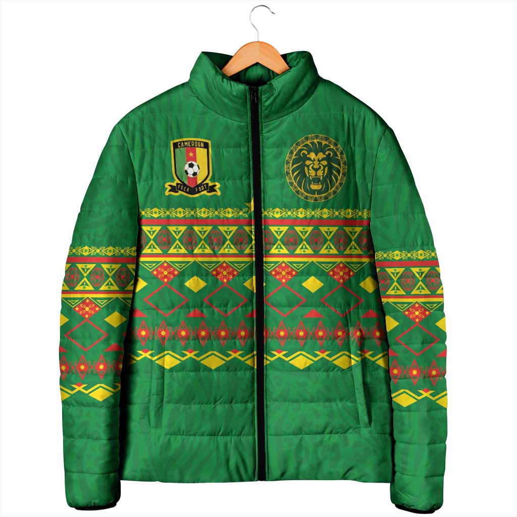 Custom Cameroon Football Padded Jacket Tribal Motifs Green Color - Wonder Print Shop