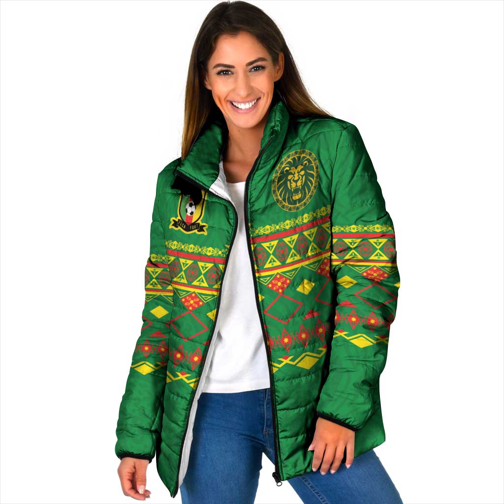 Custom Cameroon Football Padded Jacket Tribal Motifs Green Color - Wonder Print Shop
