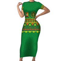 Custom Cameroon Football Short Sleeve Bodycon Dress Tribal Motifs Green Color - Wonder Print Shop