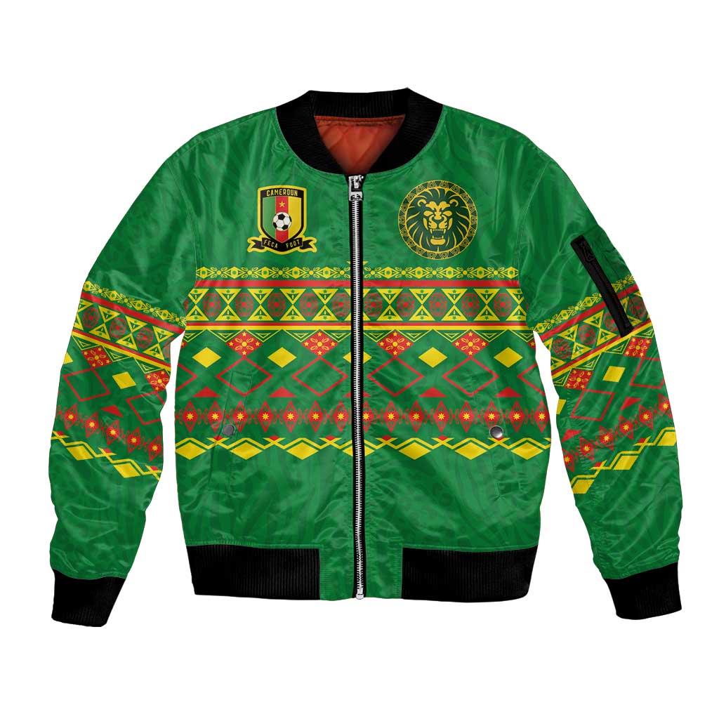 Custom Cameroon Football Sleeve Zip Bomber Jacket Tribal Motifs Green Color - Wonder Print Shop