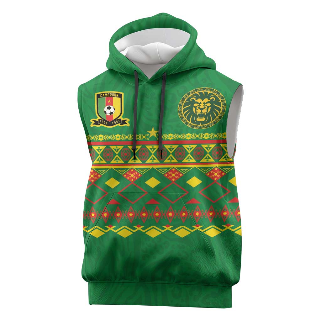 Custom Cameroon Football Sleeveless Hoodie Tribal Motifs Green Color - Wonder Print Shop