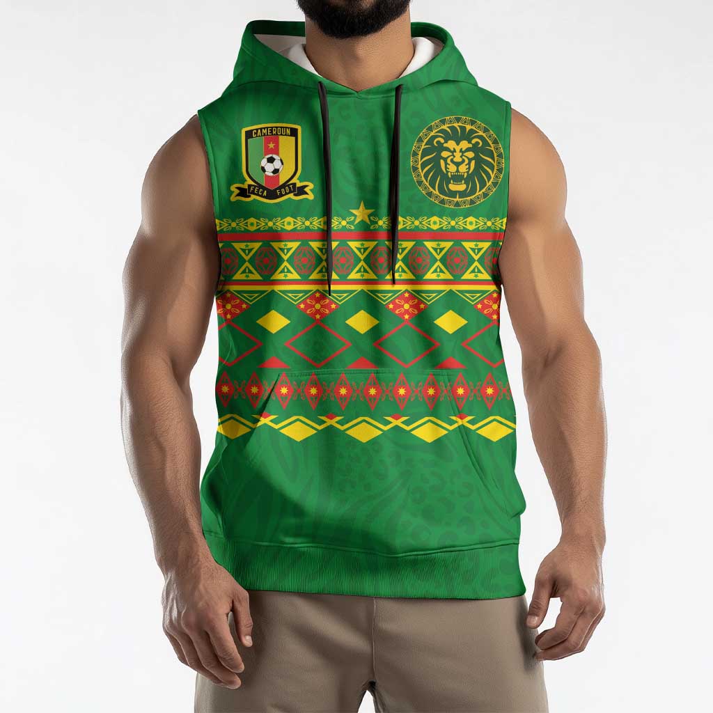 Custom Cameroon Football Sleeveless Hoodie Tribal Motifs Green Color - Wonder Print Shop