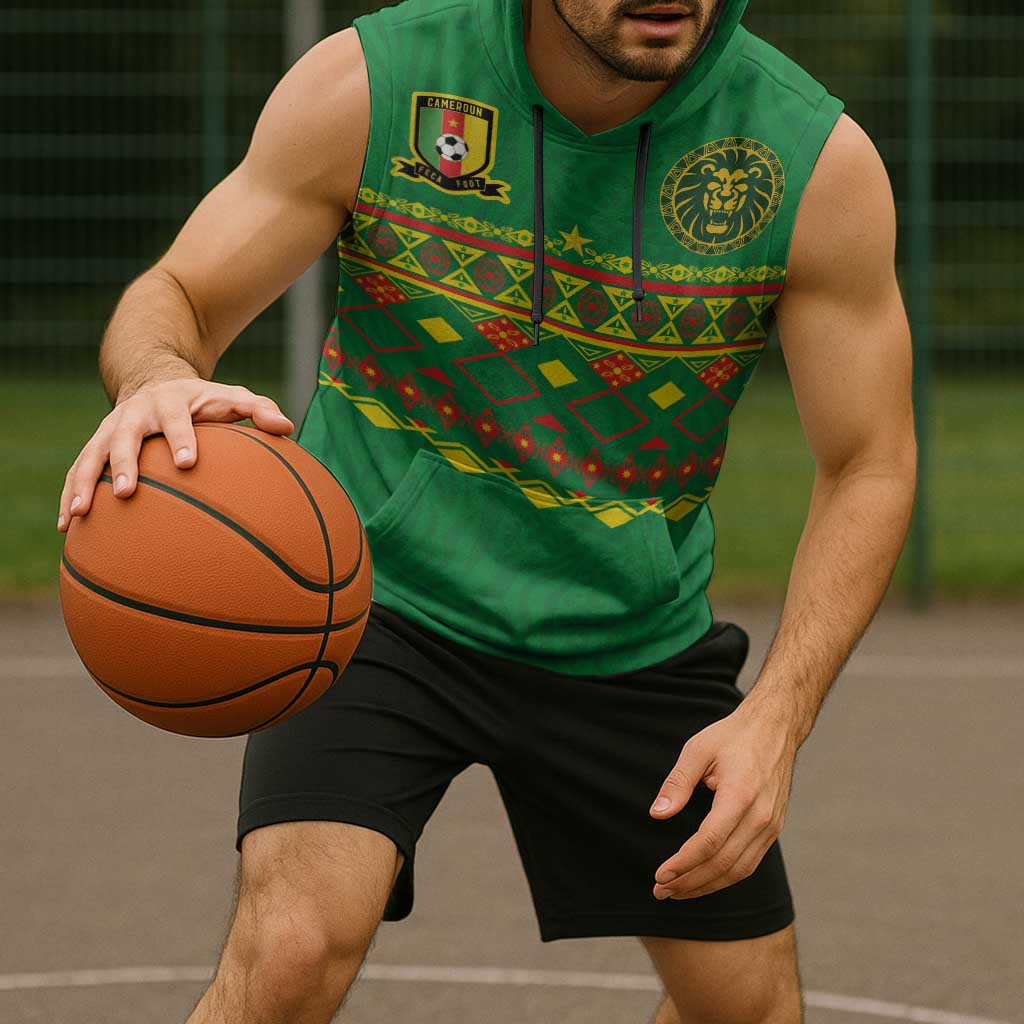 Custom Cameroon Football Sleeveless Hoodie Tribal Motifs Green Color - Wonder Print Shop