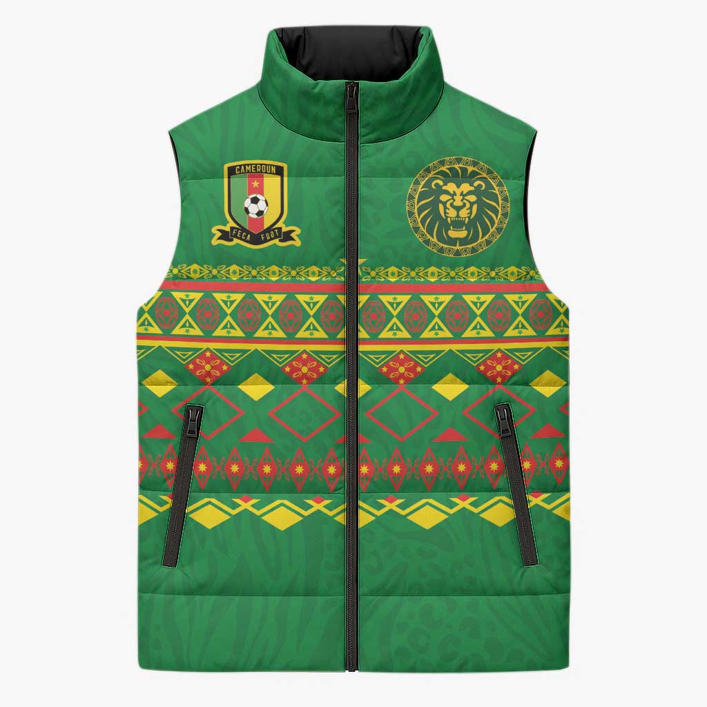 Custom Cameroon Football Sleeveless Puffer Jacket Tribal Motifs Green Color - Wonder Print Shop