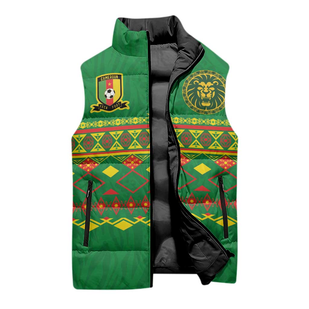 Custom Cameroon Football Sleeveless Puffer Jacket Tribal Motifs Green Color - Wonder Print Shop