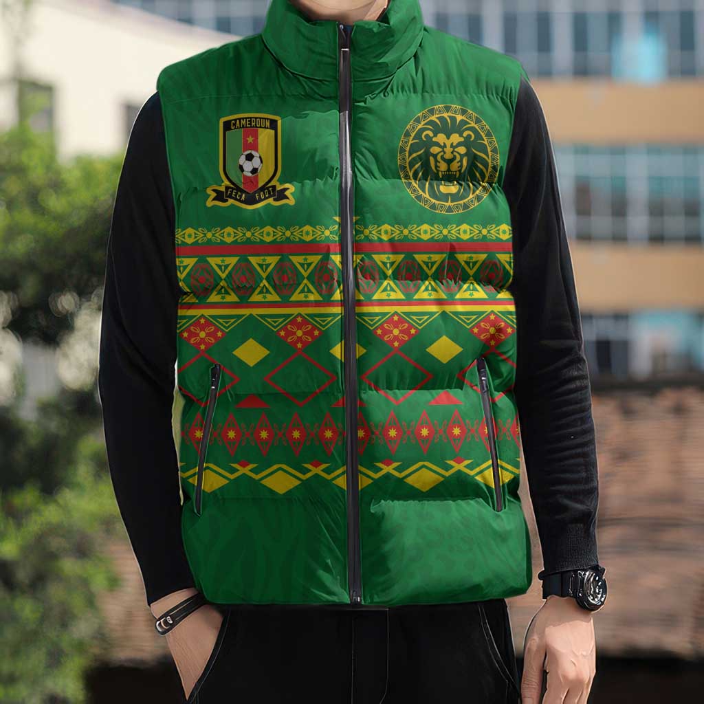 Custom Cameroon Football Sleeveless Puffer Jacket Tribal Motifs Green Color - Wonder Print Shop
