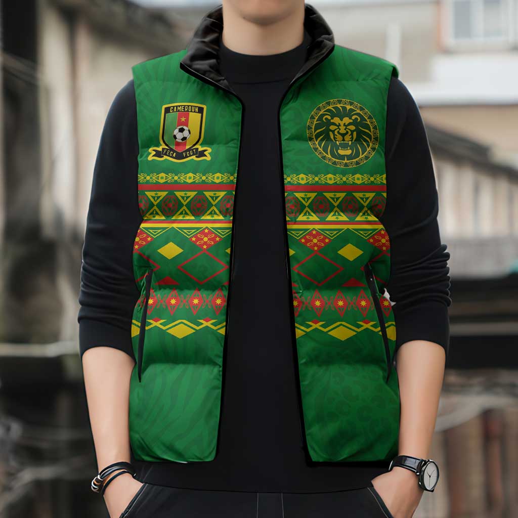 Custom Cameroon Football Sleeveless Puffer Jacket Tribal Motifs Green Color - Wonder Print Shop