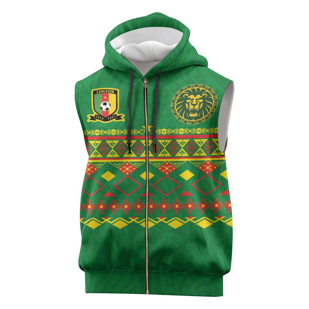 Custom Cameroon Football Sleeveless Zip Hoodie Tribal Motifs Green Color - Wonder Print Shop