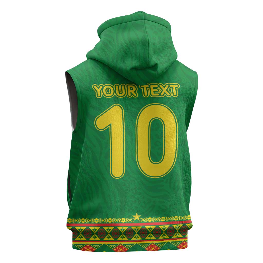 Custom Cameroon Football Sleeveless Zip Hoodie Tribal Motifs Green Color - Wonder Print Shop