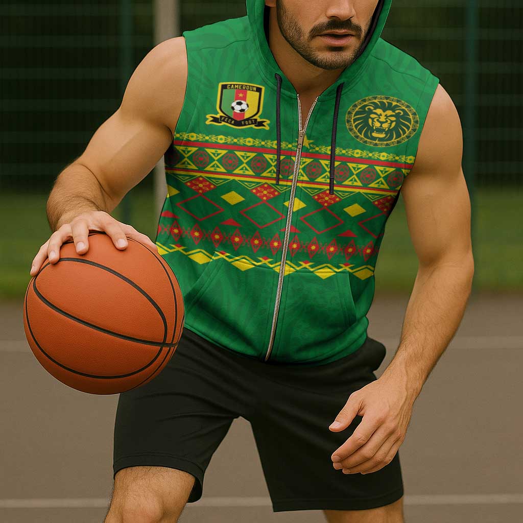 Custom Cameroon Football Sleeveless Zip Hoodie Tribal Motifs Green Color - Wonder Print Shop