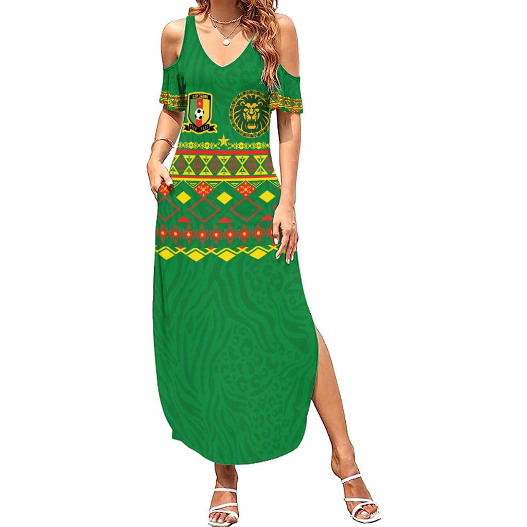 Custom Cameroon Football Summer Maxi Dress Tribal Motifs Green Color - Wonder Print Shop
