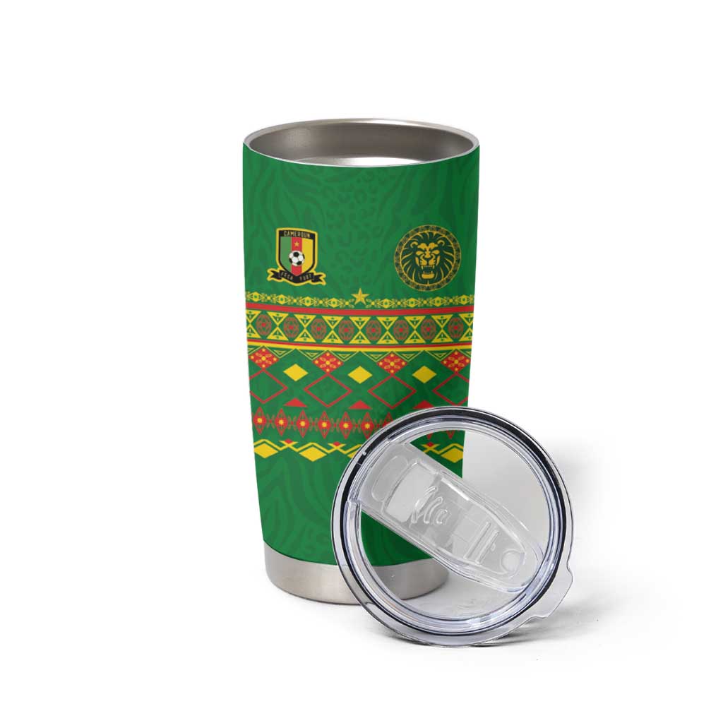 Custom Cameroon Football Tumbler Cup Tribal Motifs Green Color - Wonder Print Shop