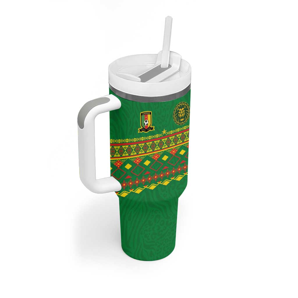 Custom Cameroon Football Tumbler With Handle Tribal Motifs Green Color - Wonder Print Shop