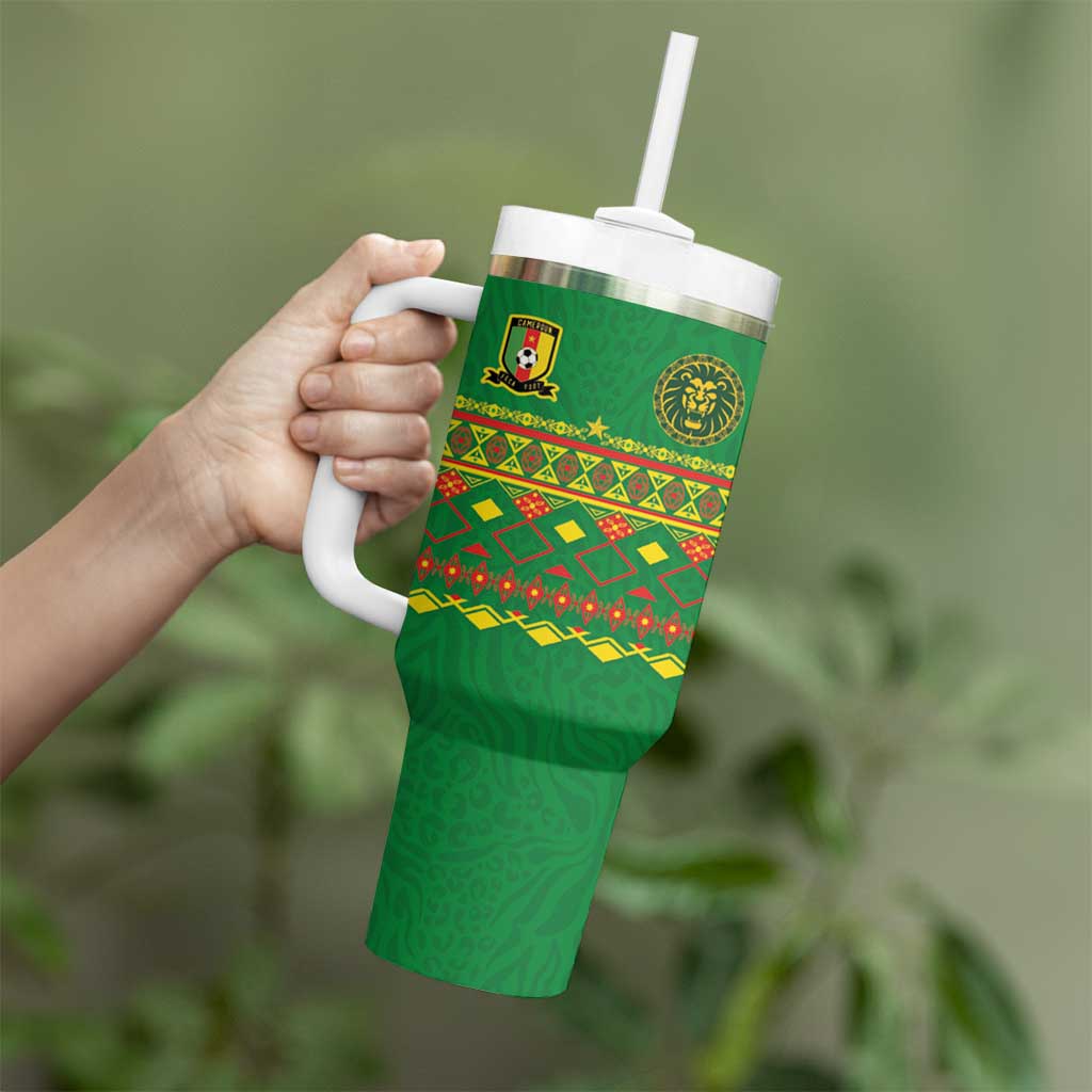 Custom Cameroon Football Tumbler With Handle Tribal Motifs Green Color - Wonder Print Shop