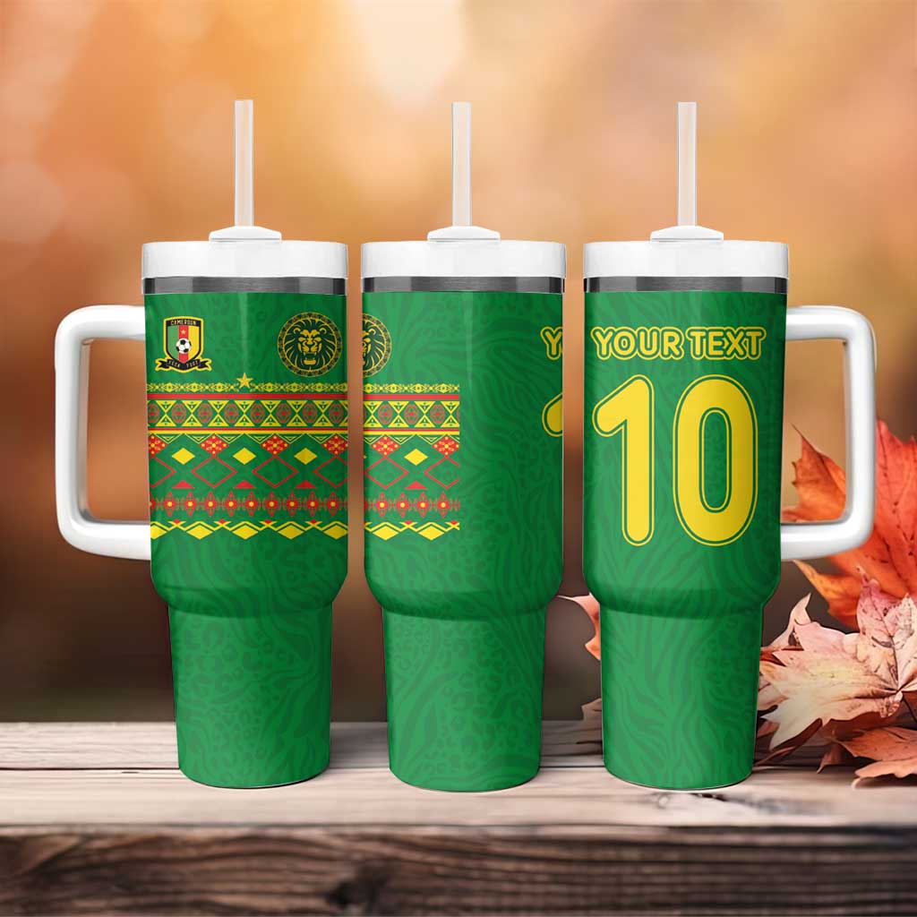 Custom Cameroon Football Tumbler With Handle Tribal Motifs Green Color - Wonder Print Shop