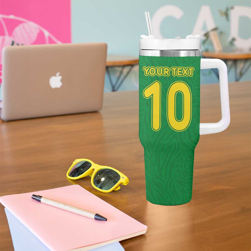 Custom Cameroon Football Tumbler With Handle Tribal Motifs Green Color - Wonder Print Shop