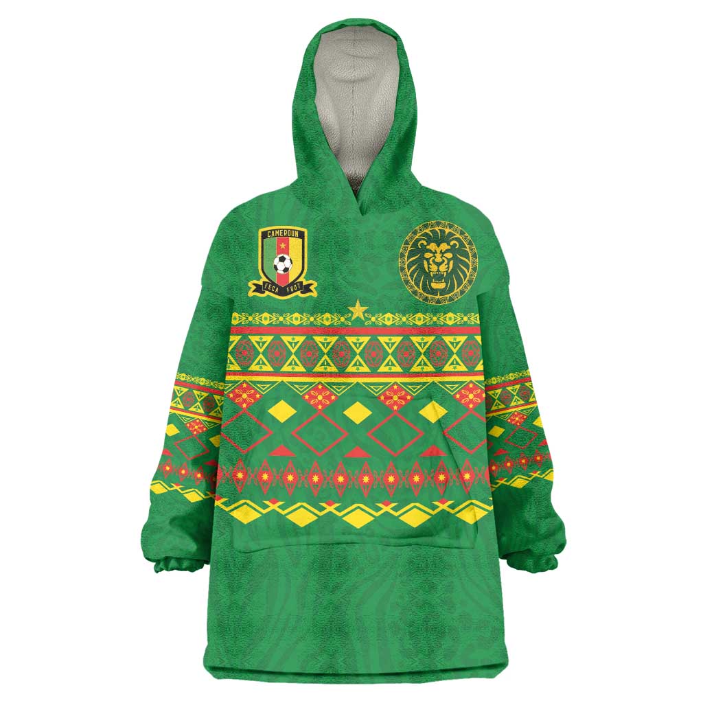 Custom Cameroon Football Wearable Blanket Hoodie Tribal Motifs Green Color - Wonder Print Shop