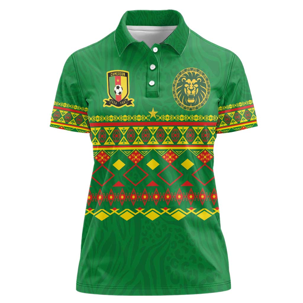 Custom Cameroon Football Women Polo Shirt Tribal Motifs Green Color - Wonder Print Shop