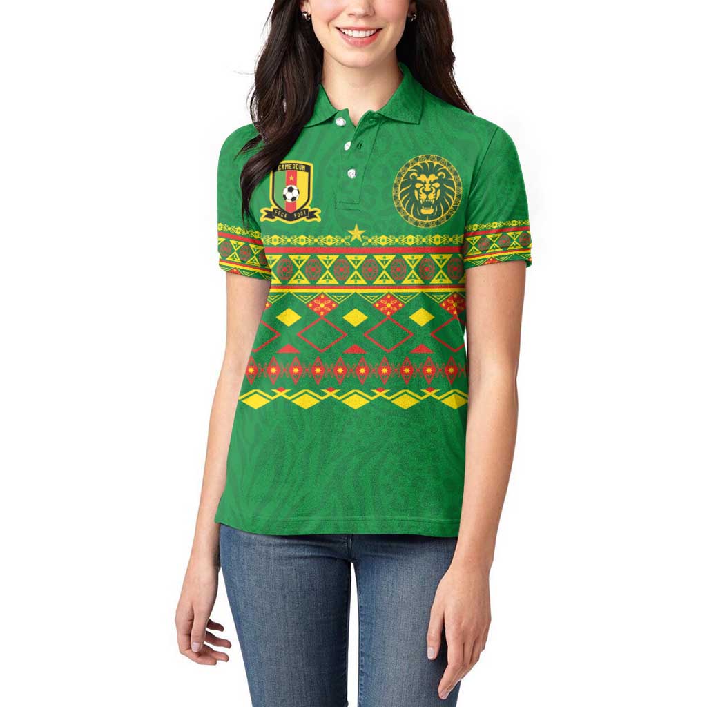Custom Cameroon Football Women Polo Shirt Tribal Motifs Green Color - Wonder Print Shop