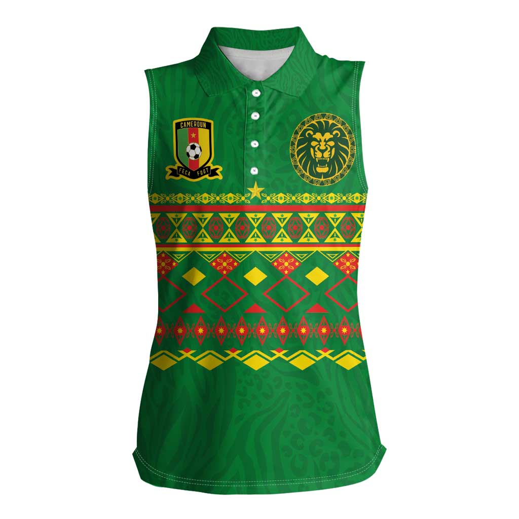 Custom Cameroon Football Women Sleeveless Polo Shirt Tribal Motifs Green Color - Wonder Print Shop