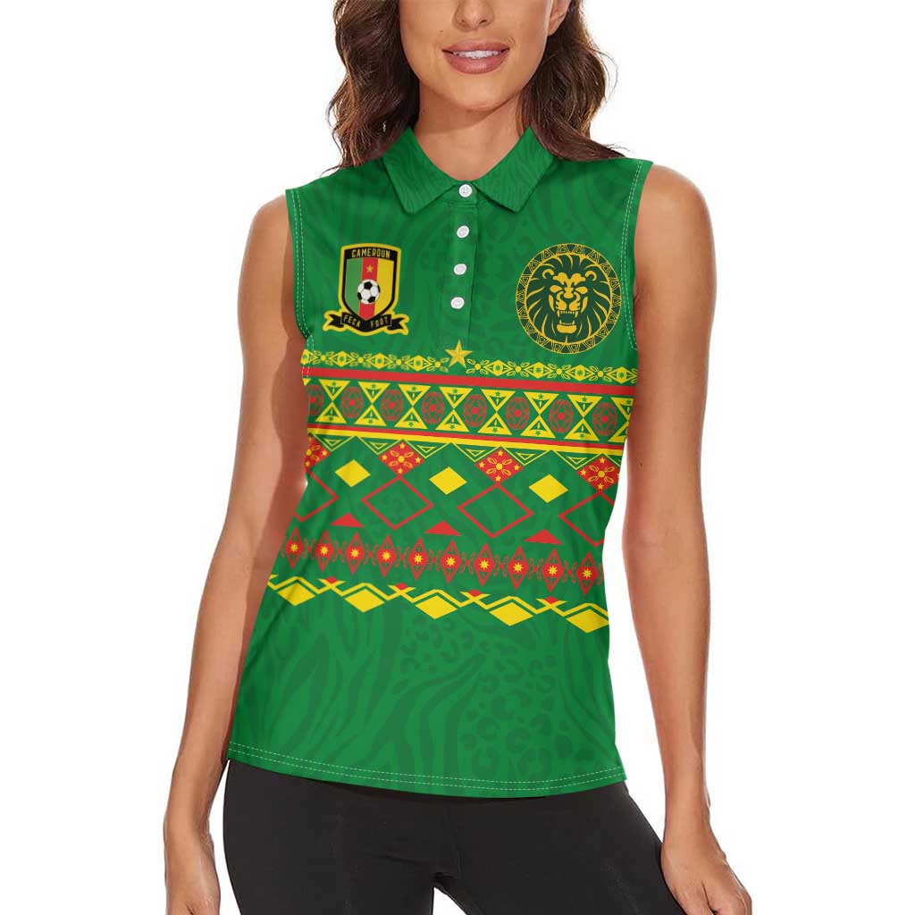 Custom Cameroon Football Women Sleeveless Polo Shirt Tribal Motifs Green Color - Wonder Print Shop
