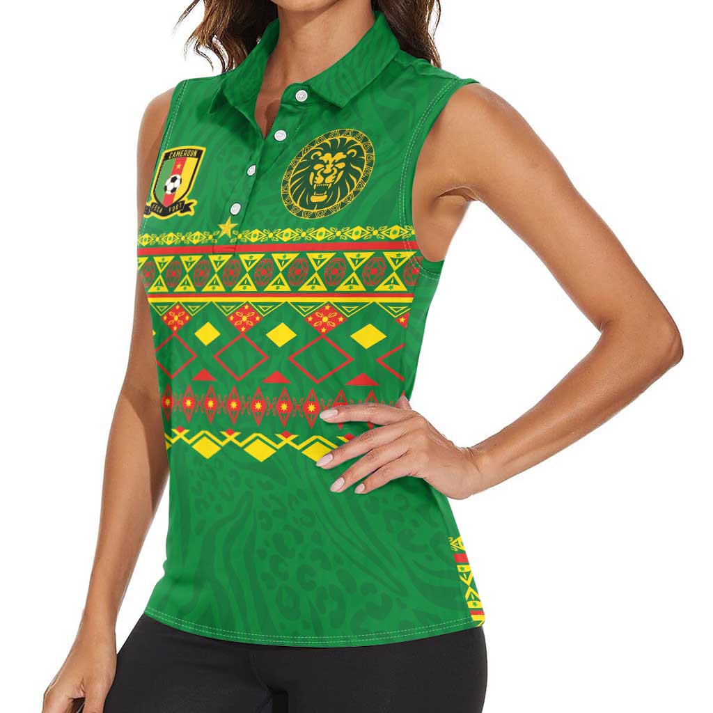 Custom Cameroon Football Women Sleeveless Polo Shirt Tribal Motifs Green Color - Wonder Print Shop