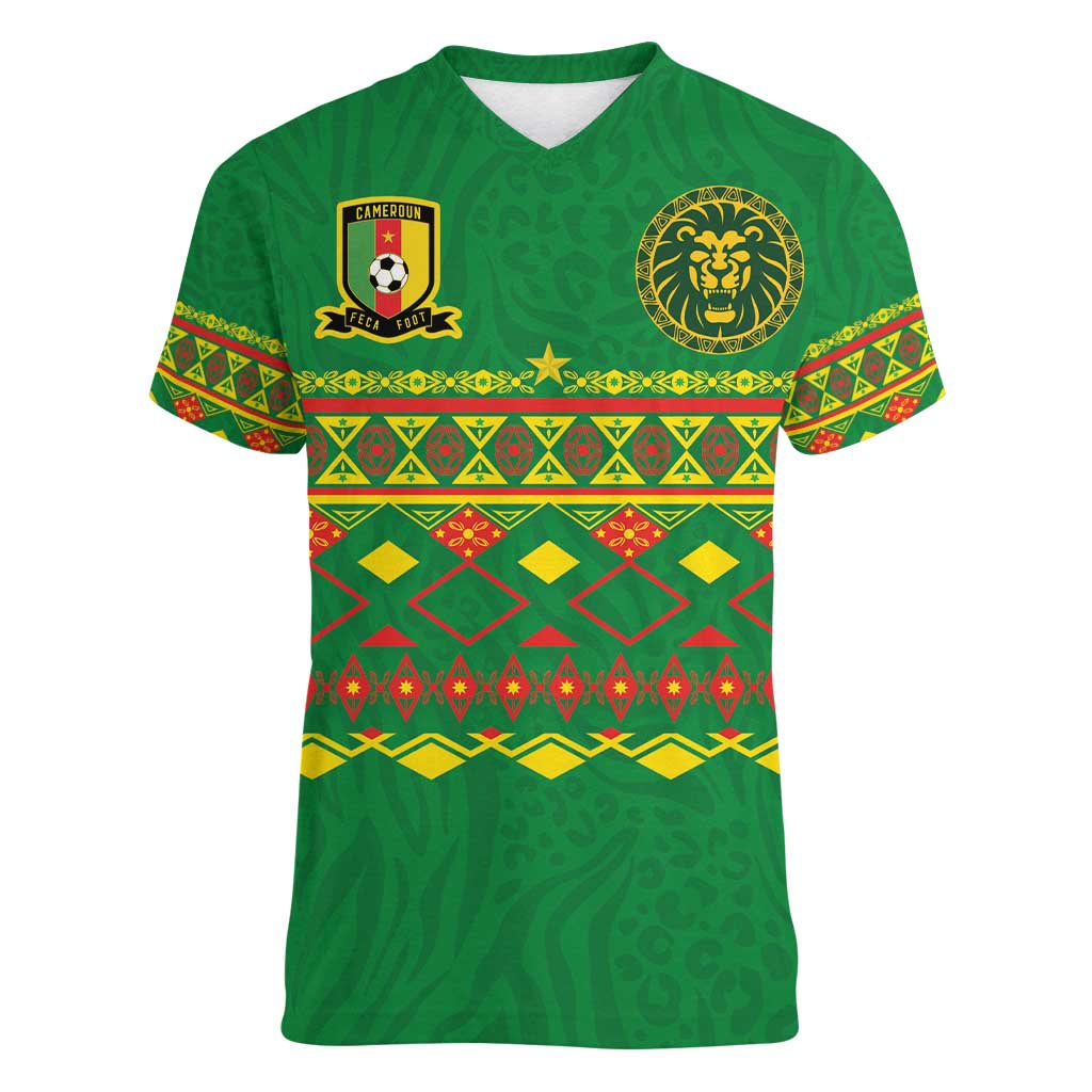 Custom Cameroon Football Women V-Neck T-Shirt Tribal Motifs Green Color - Wonder Print Shop