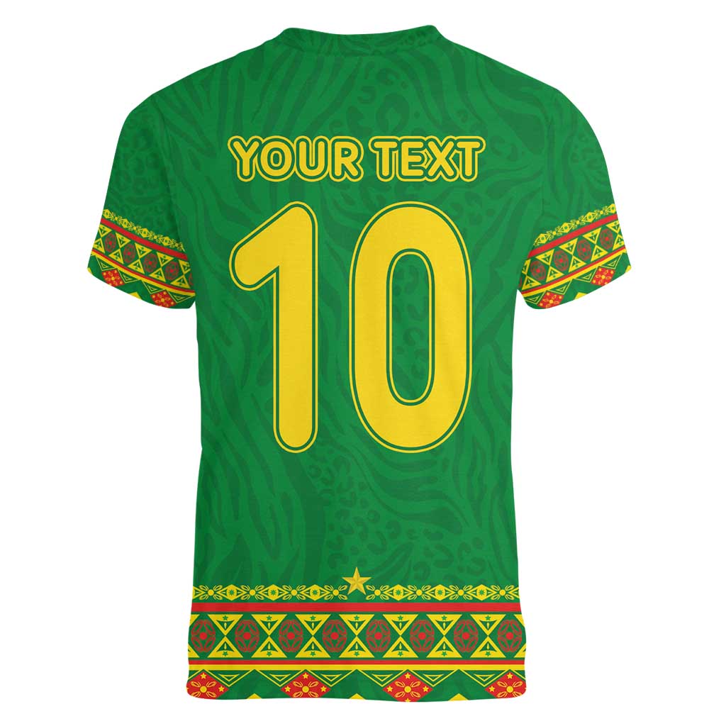 Custom Cameroon Football Women V-Neck T-Shirt Tribal Motifs Green Color - Wonder Print Shop