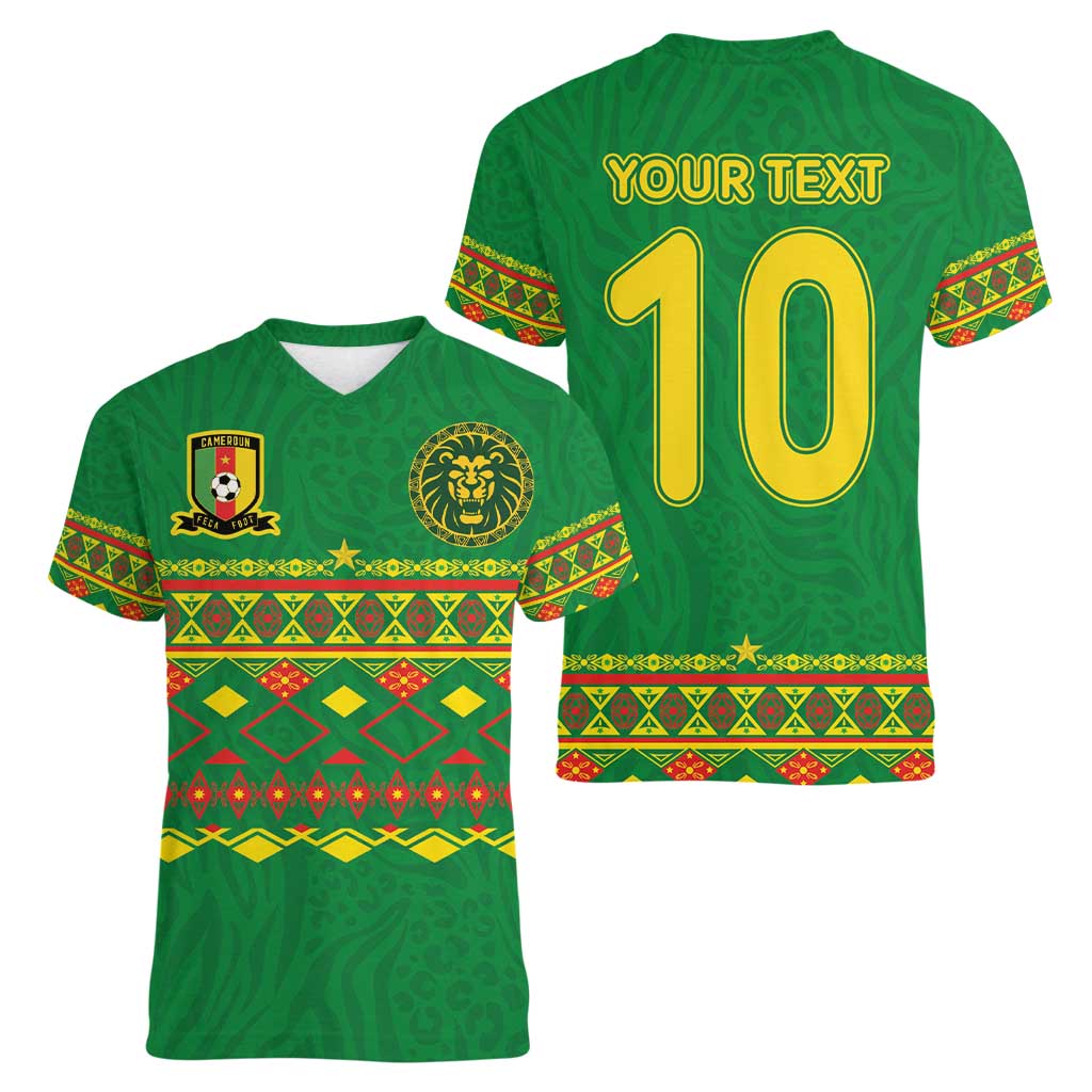 Custom Cameroon Football Women V-Neck T-Shirt Tribal Motifs Green Color - Wonder Print Shop