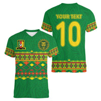 Custom Cameroon Football Women V-Neck T-Shirt Tribal Motifs Green Color - Wonder Print Shop