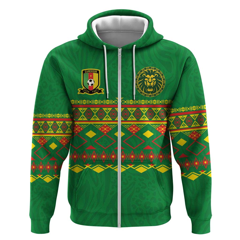 Custom Cameroon Football Zip Hoodie Tribal Motifs Green Color - Wonder Print Shop