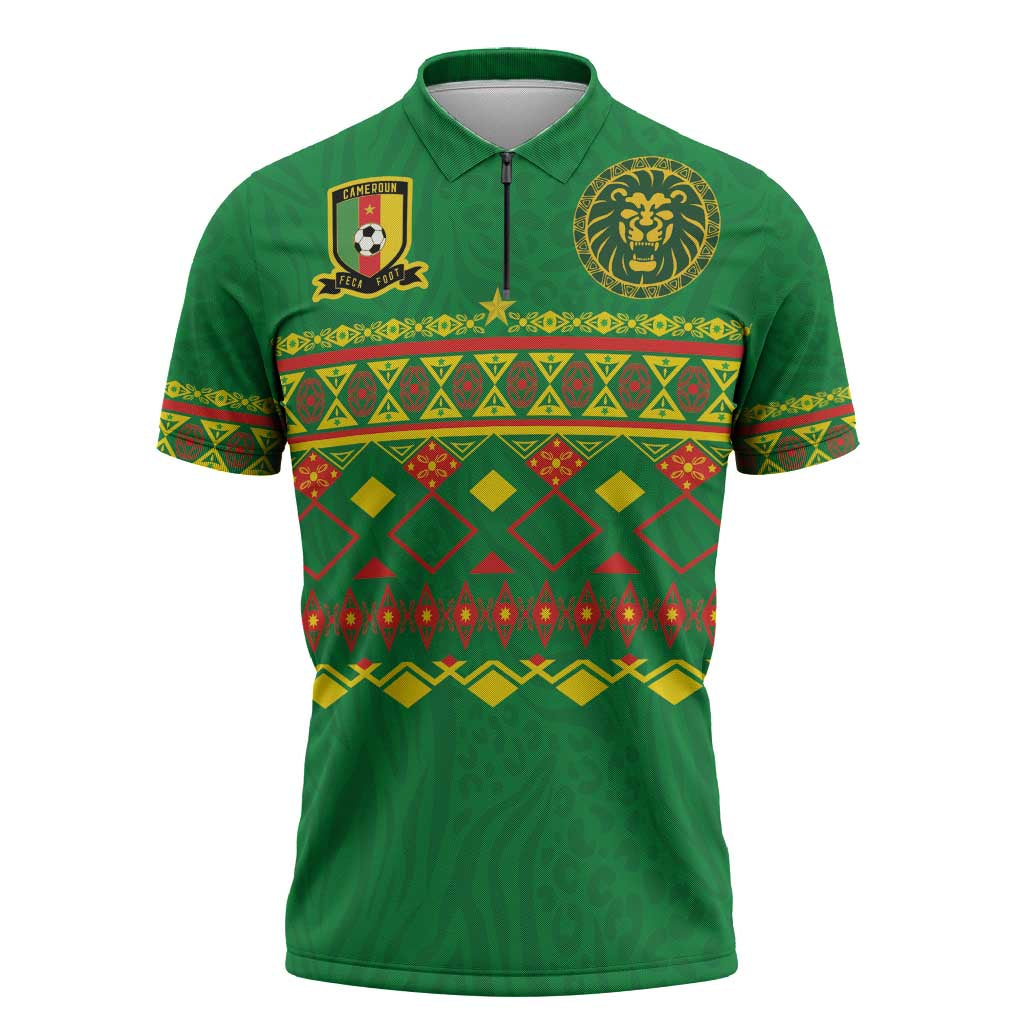 Custom Cameroon Football Zipper Polo Shirt Tribal Motifs Green Color - Wonder Print Shop